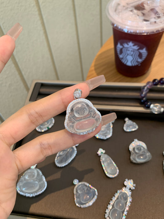 Natural Chalcedony Silver-plated Buddha Pendant